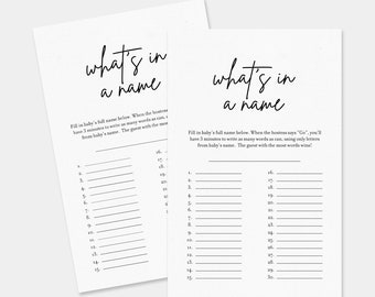 What's In A Name Game, Baby Shower Games, Minimalist Baby Shower, Modern Baby Shower, Instant Download, SP01