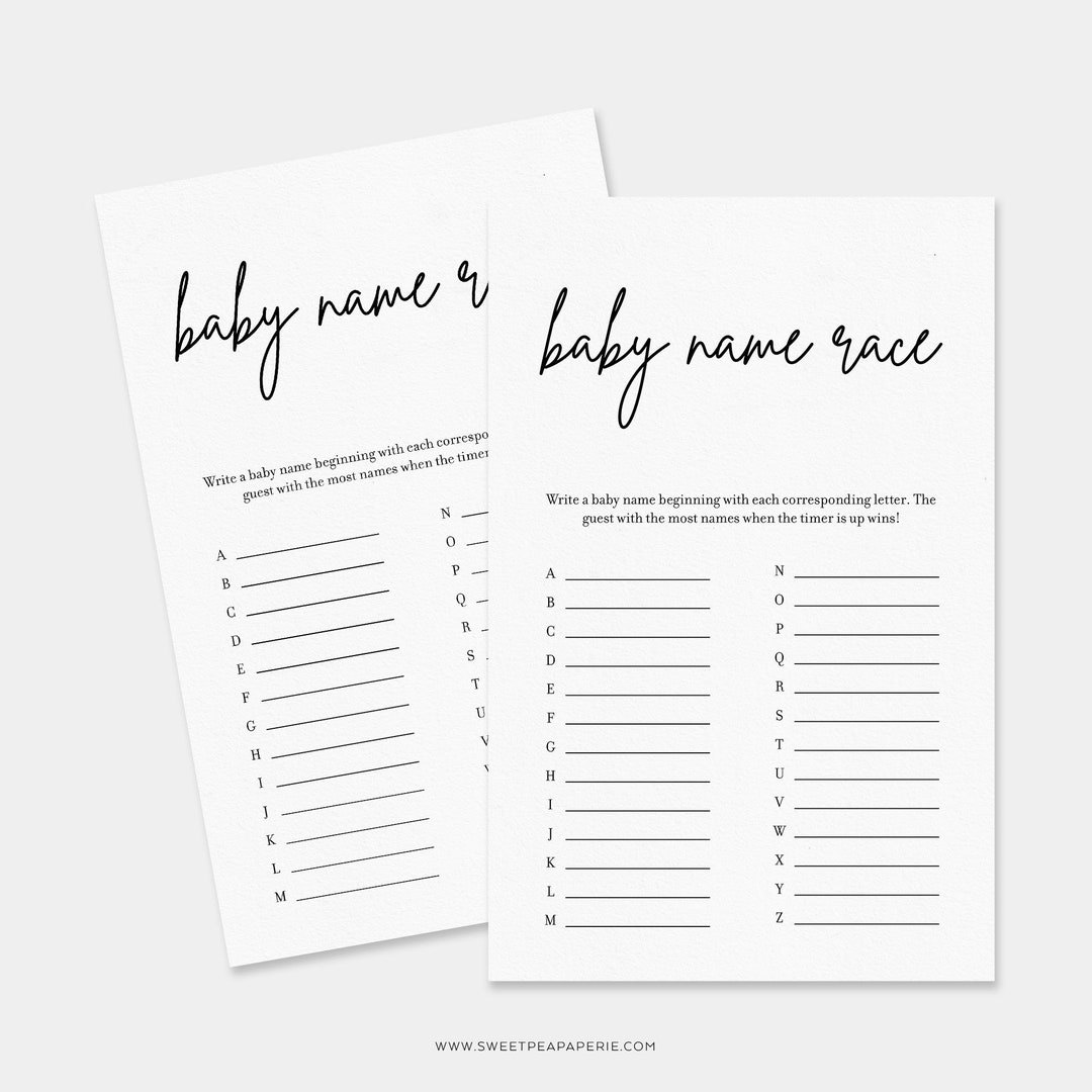 Baby Name Race Game, Baby Shower Games, Minimalist Baby Shower, Modern