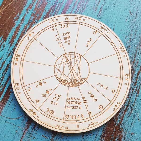 Wood Engraved Astrology Chart - Wood Natal Chart - Wood Birth Chart - Wood Astrologic Wedding Chart