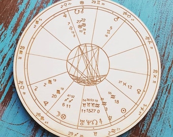 Wood Engraved Astrology Chart - Wood Natal Chart - Wood Birth Chart - Wood Astrologic Wedding Chart