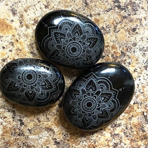 Black Obsidian Large Engraved Palm Stone Mandala Engraving Obsidian Palmstone Sacred Geometry image 1