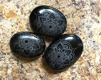 Black Obsidian Large Engraved Palm Stone - Mandala Engraving - Obsidian Palmstone - Sacred Geometry