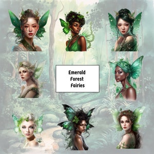 Forest Fairy Clipart Bundle, Emerald Fairies png, Fantasy Art, Green Fairy Art, Digital Download, Commercial Use, 8 Fairies, Ethnic Fairies image 1