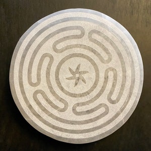 Selenite Laser Engraved Charging Platform Disk - Strophalos - Sacred Geometry - Engraved Selenite - Crystal Cleansing