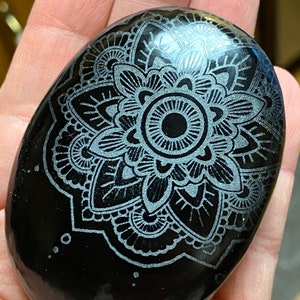 Black Obsidian Large Engraved Palm Stone Mandala Engraving Obsidian Palmstone Sacred Geometry image 3