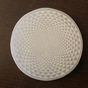 Torus Selenite Charging Platform Disk - Metatron&#39;s Cube - Sacred Geometry - Crystal Cleansing - Engraved Selenite