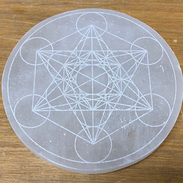 Selenit Laser Gravierte Ladeplattform Disc - Metatrons Würfel - Heilige Geometrie - Kristallreinigung - Gravierter Selenit