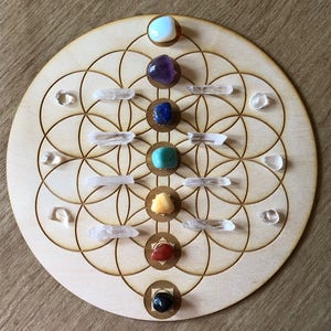 Flower of Life Chakras Crystal Grid   - Chakras Crystal Grid - Chakras Wood Crystal Grid - Chakra Altar Decoration - Wood Crystal Grid