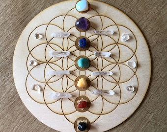 Fleur de vie Chakras Crystal Grid - Chakras Crystal Grid - Chakras Wood Crystal Grid - Chakra Altar Decoration - Wood Crystal Grid