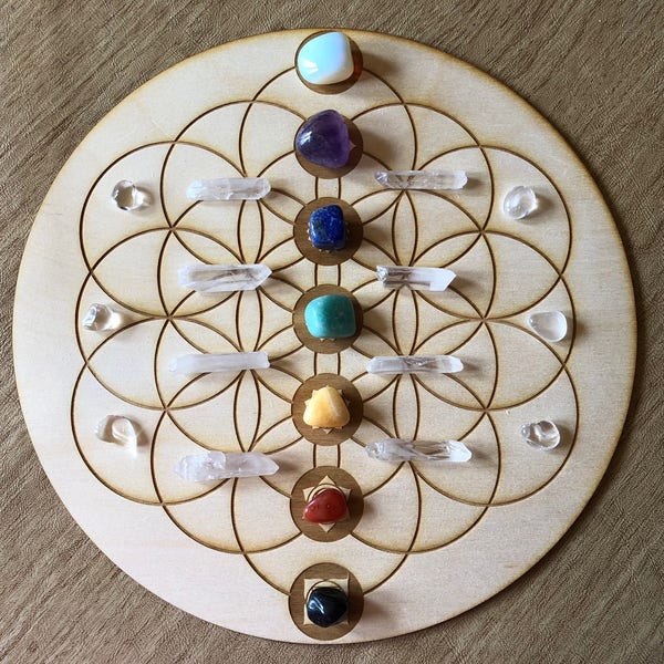 Flower of Life Chakras Crystal Grid   - Chakras Crystal Grid - Chakras Wood Crystal Grid - Chakra Altar Decoration - Wood Crystal Grid