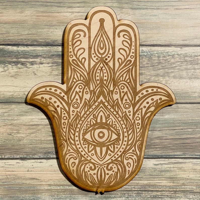 Hamsa Crystal Grid 2 Altar Decoration Wood Crystal Grid Hamsa Evil Eye Crystal Grid image 1