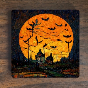Halloween Magnet - Halloween Scene Magnet - Spooky Magnet -  Refrigerator Magnet - Pumpkin Magnet - VanGogh Style Magnet