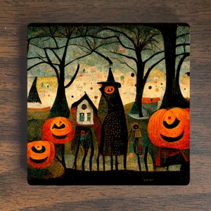 Halloween Magnet - Halloween Scene Magnet - Spooky Magnet -  Refrigerator Magnet - Pumpkin Magnet - Folk Style Magnet