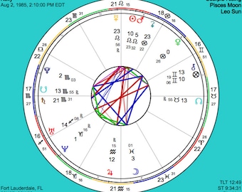 May include: A colourful astrological chart with a turquoise background. The chart shows the positions of the planets and signs of the zodiac for 2 August 1985, at 2:10 PM EDT in Fort Lauderdale, Florida. The chart is labelled with the rising sign, Scorpio, the moon sign, Pisces, and the sun sign, Leo.