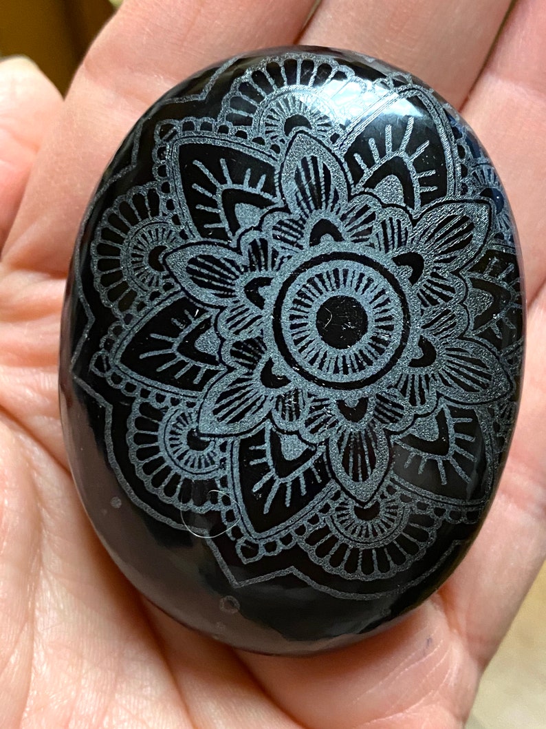 Black Obsidian Large Engraved Palm Stone Mandala Engraving Obsidian Palmstone Sacred Geometry image 2