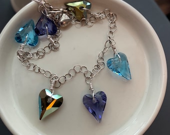 Heart Charm Bracelet- Genuine Crystal, Sterling Silver