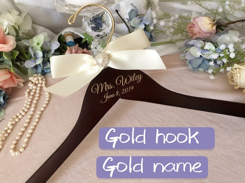 Bridal Shower: Engraved Wood Wedding Hanger,Gold name and hook Bridal Hanger for Him & Her - Walnut & Ivory