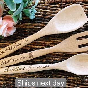 mother&#39;s day gift，Personalized Laser Engraved wood Spoon/fork /spatula, Home Warming gift, custom gifts, grandma gift, Couples gift,