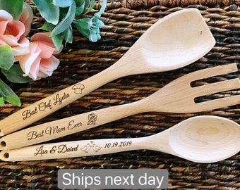 mother's day gift，Personalized Laser Engraved wood Spoon/fork /spatula, Home Warming gift, custom gifts, grandma gift, Couples gift,