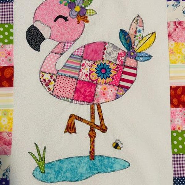 Patchwork Flamingo Quilt pattern, PDF Instant Download, baby blanket, wall hanging, applique,  pink, tropical