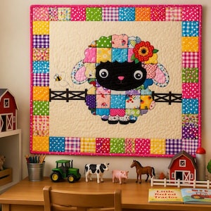 Peut inclure: Une courtepointe murale carrée présentant une applique centrale d'un mouton à tête noire avec un corps en patchwork multicolore et une fleur sur la tête. Le mouton se tient derrière une clôture noire sur un fond crème, bordé d'une bordure patchwork.