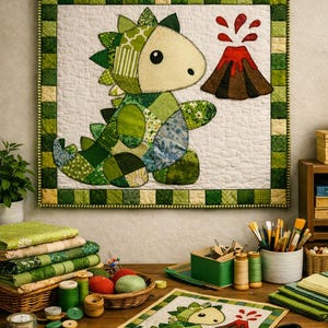 May include: A quilted wall hanging featuring a patchwork green dinosaur and a brown volcano with red lava on a white background, framed by a green and white checkered border. The design is stitched with visible thread and hangs from a wooden rod.
