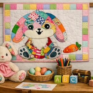 May include: A quilted wall hanging featuring a colorful patchwork bunny and a carrot, a plush cream-colored bunny in a pink checkered dress, a basket of pastel eggs, colored pencils in a woven holder, wooden alphabet blocks, and a small chest.