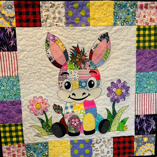 Patchwork Donkey-quiltpatroon, pdf direct download, babydeken, wandkleed, appliqué, boerderij