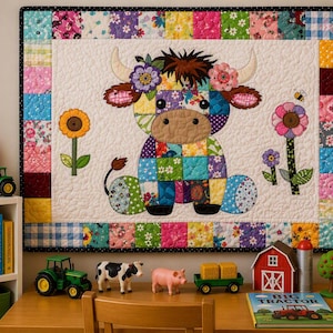 Könnte beinhalten: Ein rechteckiger Wandbehang in Patchwork-Optik, der eine Kuh mit Blumenkranz zeigt, flankiert von zwei Blumen und einer kleinen Biene. Der Quilt ist von einem bunten Patchwork-Rahmen umgeben, der aus verschiedenen gemusterten Stoffquadraten besteht.