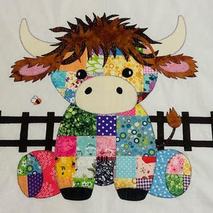 Jumbo Patchwork Highland Cow Baby Blanket Quilt pattern, PDF Instant Download, make it in pinks or in blues, applique,  moo, bull, farm