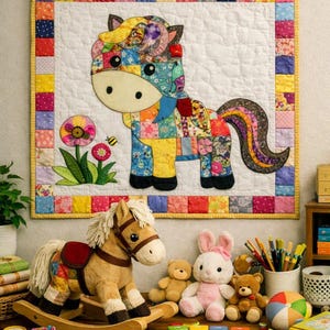 May include: A quilted wall hanging featuring a patchwork pony and flower appliqué, a plush rocking horse, a stuffed rabbit, two teddy bears, a ball, and wooden blocks spelling PONY, alongside a smaller matching quilted mat on a wooden surface.