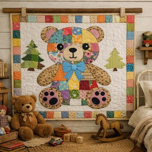 May include: A square wall hanging quilt featuring a central patchwork teddy bear with a blue bow tie, flanked by two green pine trees. The quilt is framed by a colorful patchwork border and suspended from a wooden rod on a white paneled wall.