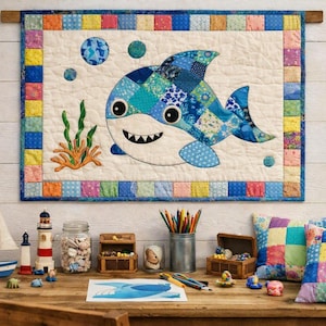 Op de afbeelding: Een rechthoekige wandquilt met een patchwork haai in tinten blauw, wit en diverse patronen. De haai is omringd door groen zeewier, oranje koraal en blauwe bubbels op een crèmekleurige achtergrond, omlijst door een kleurrijke patchwork rand.