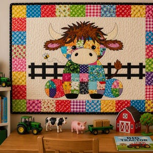 May include: A rectangular wall quilt featuring a patchwork highland cow appliqué centered against a cream background, framed by a colorful multi-patterned border. The cow is positioned in front of a black fence with a small bee flying nearby.