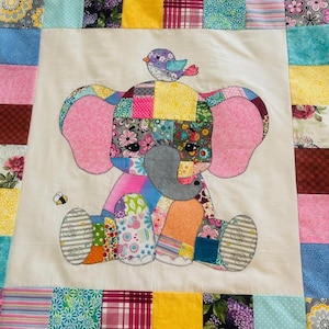 Patchwork Elephant Quilt pattern, PDF Instant Download, baby blanket, wall hanging, applique, bird, jungle