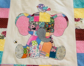 Patchwork Elephant Quilt pattern, PDF Instant Download, baby blanket, wall hanging, applique, bird, jungle