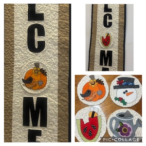 May include: A quilted welcome banner with the word "WELCOME" in black letters. The banner is decorated with four round appliques featuring a pumpkin, a snowman, a watermelon, and a watering can.