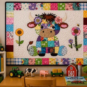 Patchwork Highland Cow Quilt Pattern: Applique Baby Blanket (PDF Download)