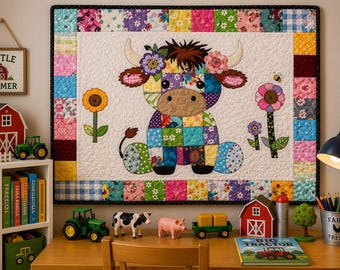 May include: A rectangular wall quilt featuring a patchwork cow with a floral crown, flanked by two flowers and a small bee. The quilt is bordered by a colorful patchwork frame. The cow is composed of various patterned fabric squares in bright colors.