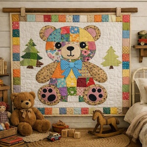 Teddy Bear Patchwork Quilt pattern, PDF Instant Download