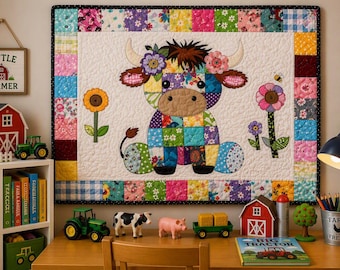 Highland Cow Patchwork Quilt Paper Pattern: Baby Blanket, Wall Hanging