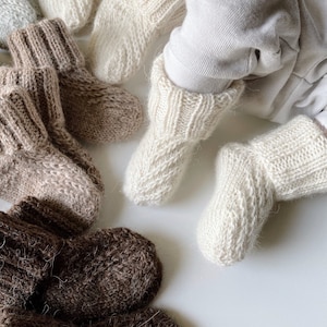 Knit baby socks, alpaca wool socks for kids, white and brown handknit baby socks, newborn boy and girl socks, pure wool baby showers gift image 3
