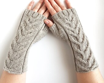 Grey fingerless gloves, cable knit merino mitts, hand knit arm warmers,knitted hand warmers, winter gloves, women's mittens