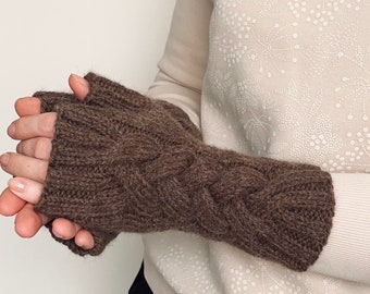 Knit fingerless gloves, knit brown mitts, alpaca wool handwarmers, knitted armwarmers, women's knit wristwarmers, winter mitts