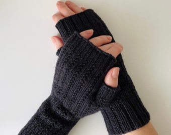 Knit fingerless gloves, merino wool mitts, women’s hand warmers, grey wrist warmers, black knitted texting gloves, softknitshome