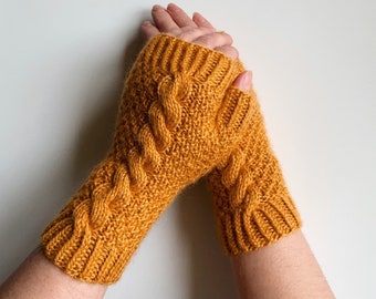 Knit fingerless gloves, knit yellow wool mitts, handknit yellow handwarmers, knitted armwarmers, women's knit wristwarmers, winter mitts