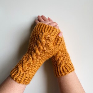 Knit fingerless gloves, knit yellow wool mitts, handknit yellow handwarmers, knitted armwarmers, women's knit wristwarmers, winter mitts image 1