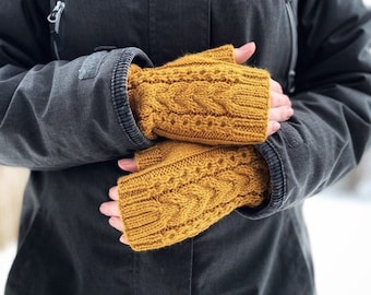 Knit fingerless gloves, wool armwarmers, knitted sheep wool gloves, handmade arm warmers, hand knit mustard hand warmers, softknitshome