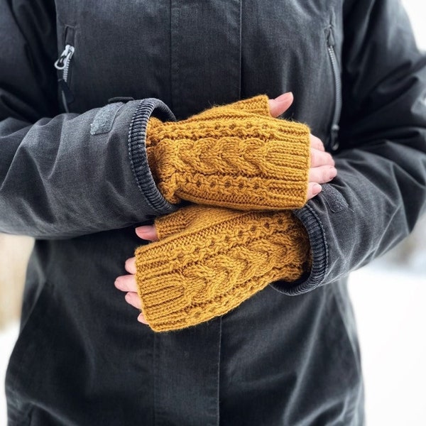 Knit fingerless gloves, wool armwarmers, knitted sheep wool gloves, handmade arm warmers, hand knit mustard hand warmers, softknitshome