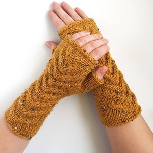 Knit fingerless mittens, fingerless women gloves, handknit arm warmers, mustard yellow hand warmers, softknitshome, cableknit womens gloves
